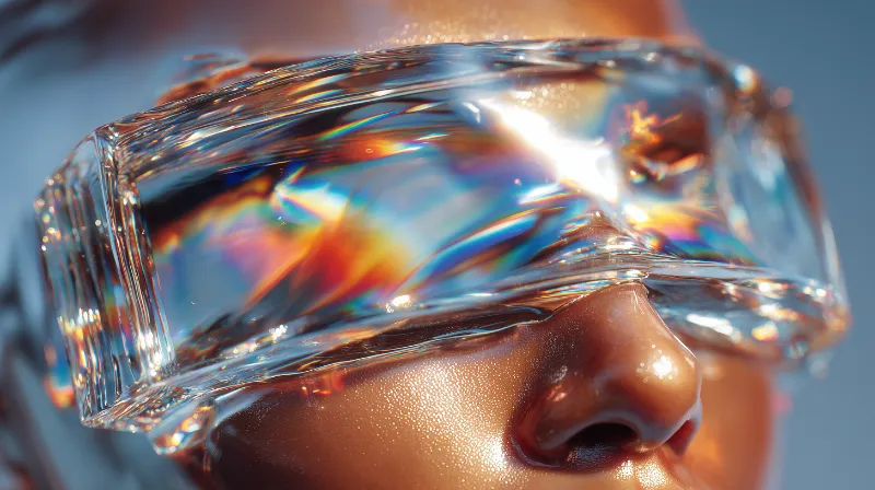 A close-up of a face behind a prismatic glass visor scattering rainbow light