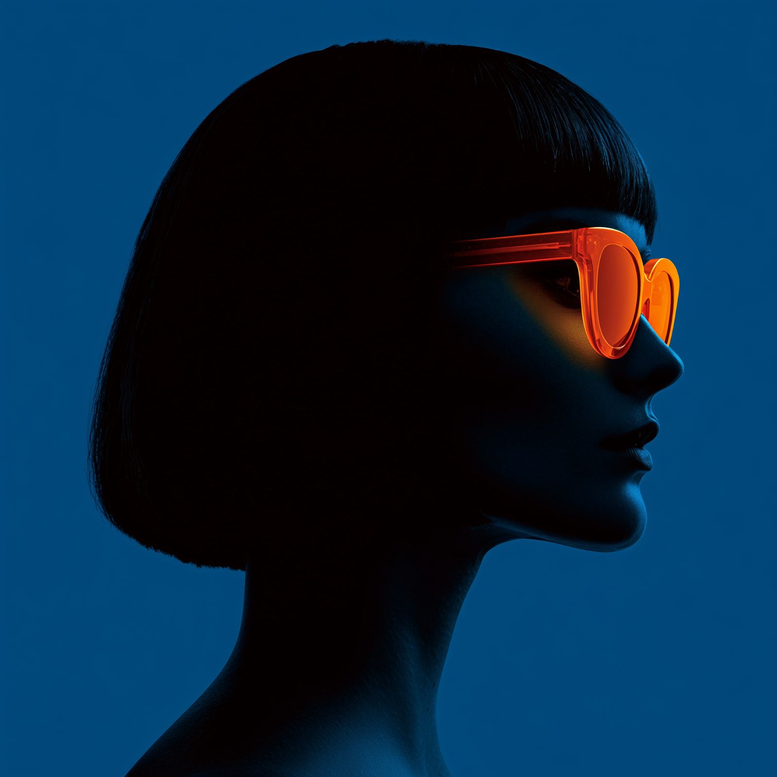 Profile portrait on a deep blue ground wearing glowing orange glasses