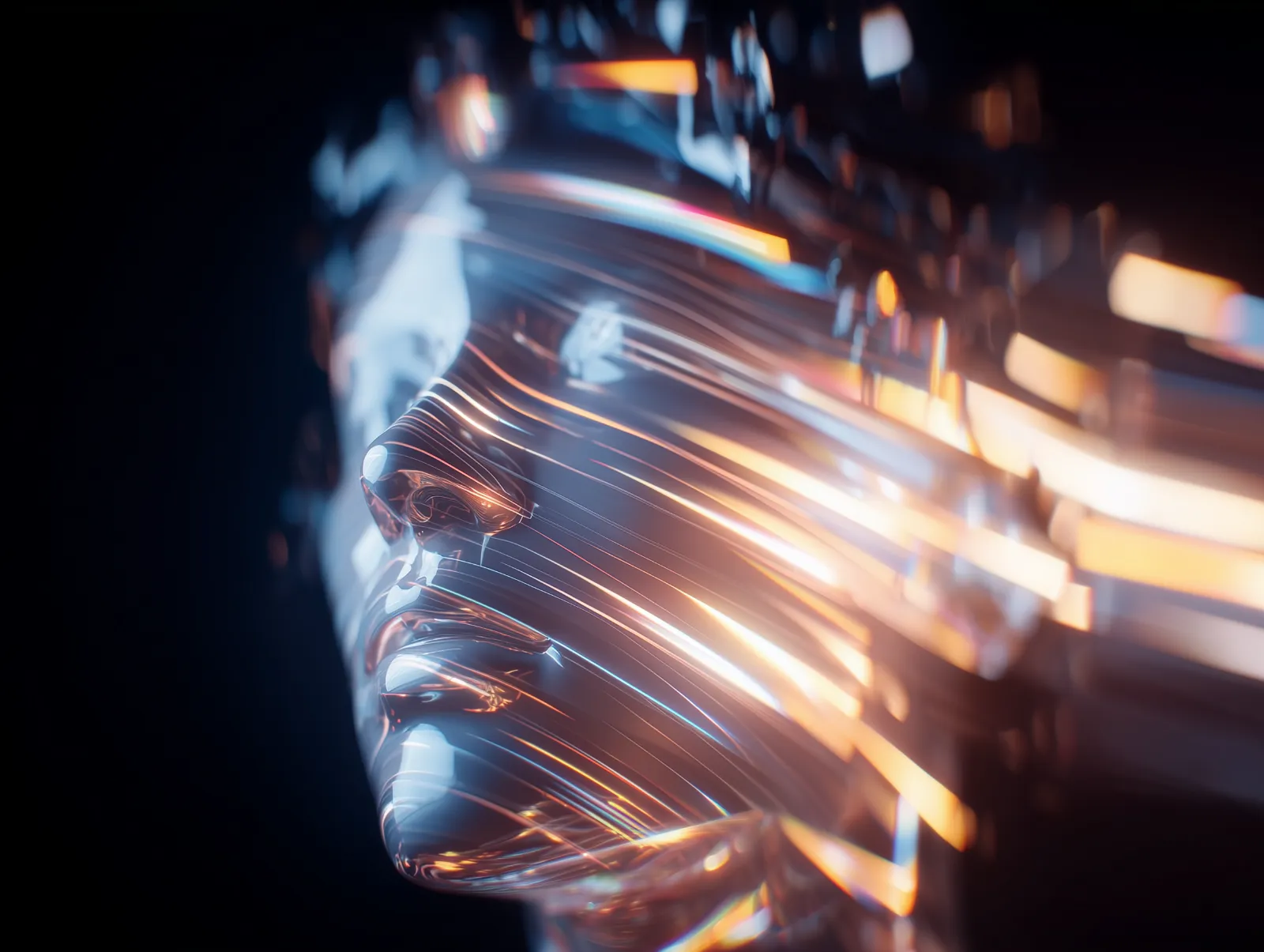 A glass face crossed by streaks of warm light