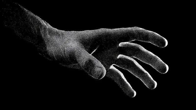 An open hand rendered in white stipple on black